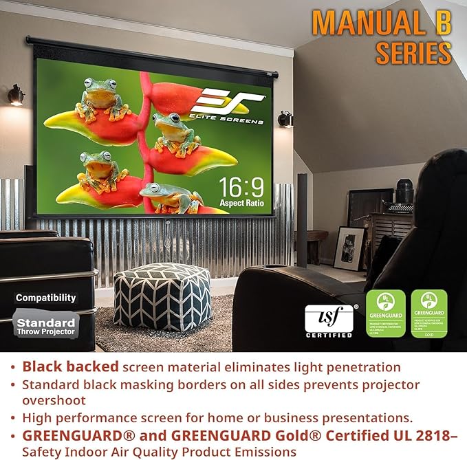 Elite Screens Manual B, 120-INCH, 16:10 aspect ratio, Manual Pull Down Projector Screen 4K / 8K Ultra HDR 3D Ready with Auto-Lock Mechanism, 2-YEAR WARRANTY, M120X
