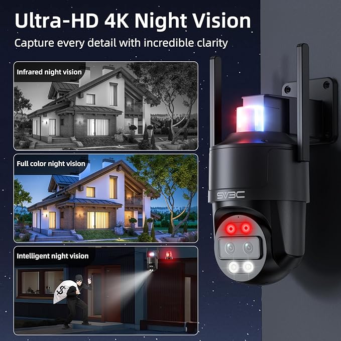 SV3C 4K Dual-Lens PTZ WiFi Outdoor Security Camera, Dual-Band Auto-Tracking ONVIF IP Dome, Color Night Vision, Human & Vehicle Detection, Waterproof, 24/7 Recording, Blueiris & Camhipro Compatible