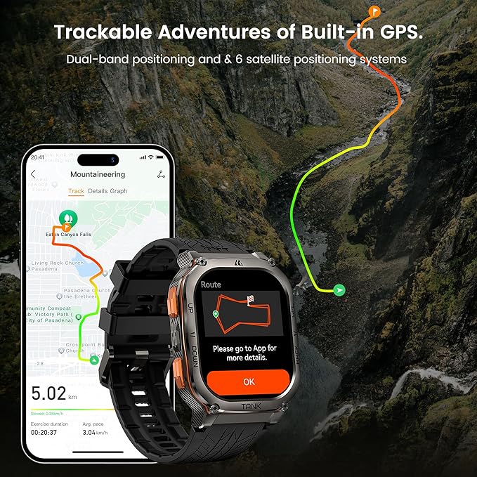 AMAZTIM Military Smart Watch with GPS, 6 Satellite Positioning/Compass, Stainless Steel Body, Waterproof, 480mAh Extra-Large Battery, Answer/Make Call, 2" AMOLED Screen, Compatible for Android iOS