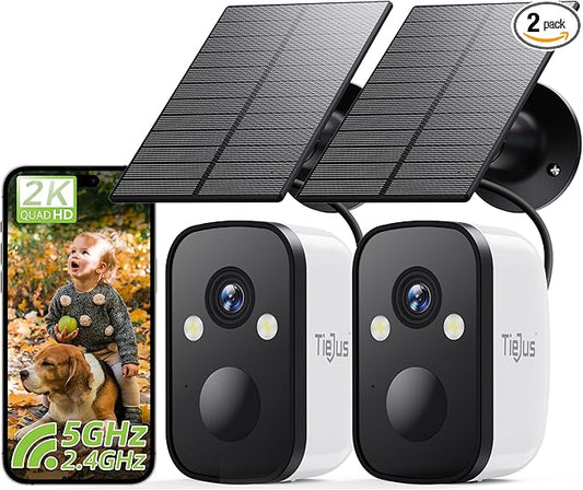 2K 5G Solar Security Cameras Wireless Outdoor 2-Pack, Wireless Cameras for Home Security with Full Color Night Vision, PIR Motion Detection/5G&2.4GHz WiFi/IP66/ Alexa/2 Way Talk