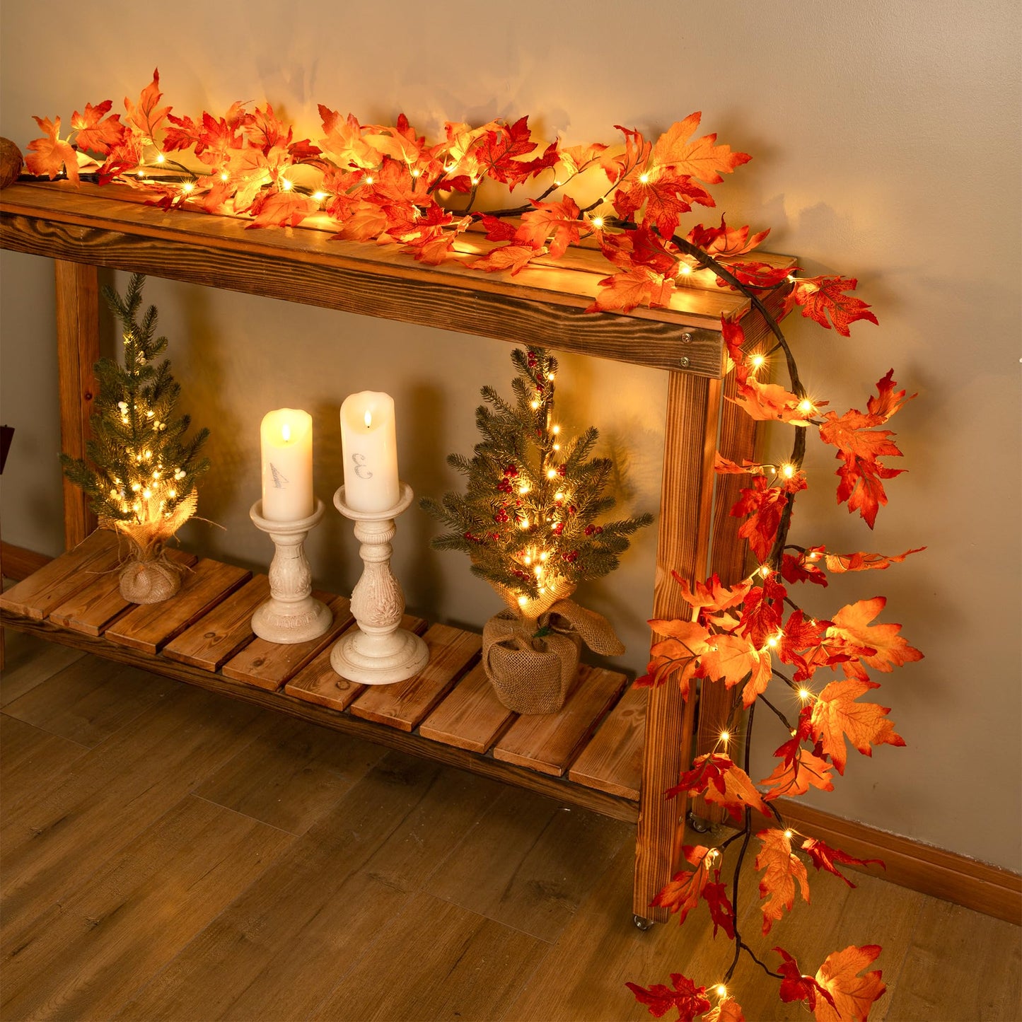 NWLIGHT Fall Garland with Lights, 6.56Ft Orange Maple Leaf, 24 LED, Timer, Indoor Autumn Decoration