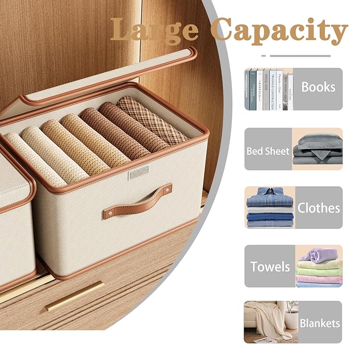 Tuza 2 Pack Storage Bins with Lids, Collapsible Closet Organizer Container, Fabric Organizer Box with Handles, Decorative Storage Boxes with Lids for Organizing Clothes, Books, File, White, Large