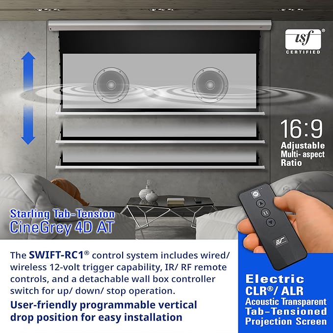 Elite Screens 110-Inch Motorized Projector Screen 16:9, CineGrey 4D at CLR/ALR, Acoustically Transparent, ISF Certified, Tab-Tensioned Electric Drop Down for Home Theater, STT110XHD4AT-E12