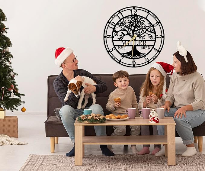 Personalized Tree of Life Large Wall Clock, Custom Wall Clock with Family Last Name and Established Date, Silent Metal Clocks, Regular Numerals Clock, Housewarming Gift