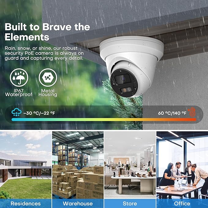 4K IP PoE Camera, Upscaled 8MP PoE Camera Outdoor with Mic/Audio, 98ft IR/Color Night Vision, Human & Vehicle Detection, 127° FOV, MicroSD (256GB)