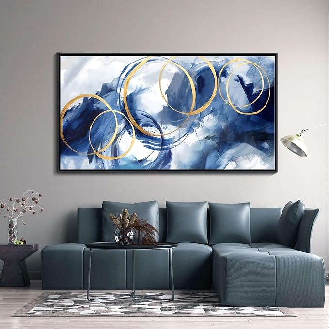 AJAZIKO Large Framed Canvas Wall Art Blue Abstract Wall Art Pictures for Living Room Bedroom Kitchen Office Decor 29x58 In Navy Gold Modern Paintings