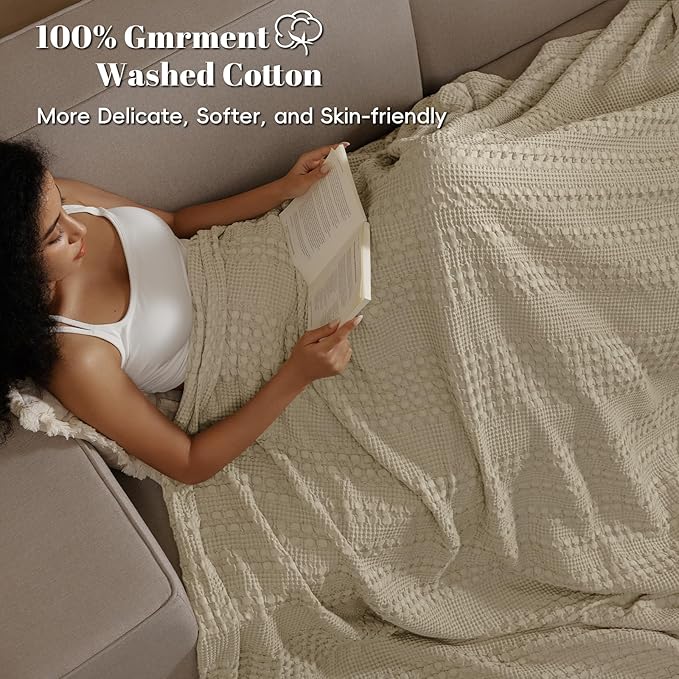 PHF 100% Cotton Waffle Weave Blanket Queen Size, Soft Lightweight Breathable Cozy Summer Blankets for Bed, Luxury Aesthetic Woven Bedding for Home Decor, 90"x90", Khaki