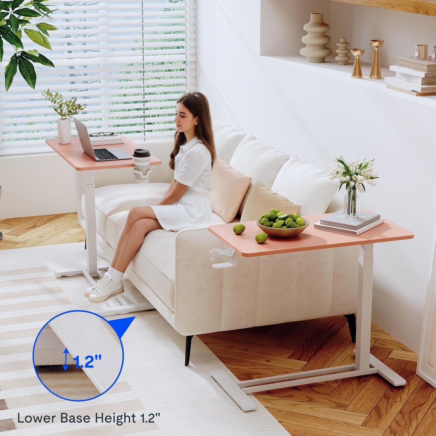 FLEXISPOT Mobile Standing Desk with Wheels Pneumatic Laptop Rolling Computer Cart Movable Height Adjustable Small Sit Stand Desk Computer Workstations Home Use（27.6" W x 15.7" D,Pink