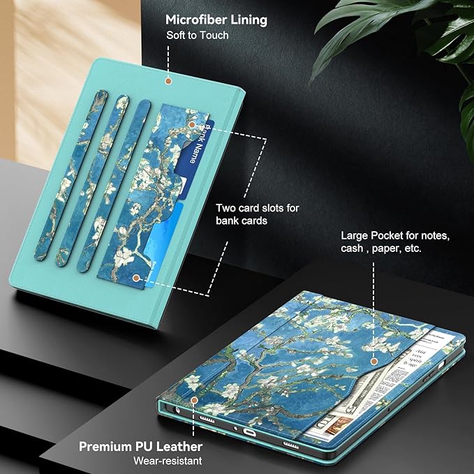 OKP Case for Samsug Galaxy Tab A9+ Plus 11 inch 2024(SM-X210/X216/X218), PU Leather Folio Cover with Multi-Angle Stand//Pen Holder, Auto Wake/Sleep Case for Galaxy A9+ 11" Tablet (Blossom Teal)