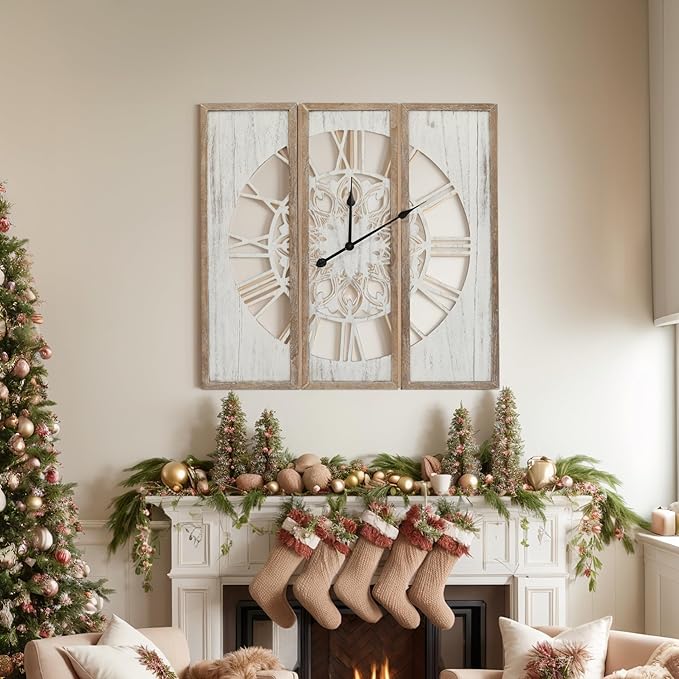RiteSune Unique 30" Wall Clock for Living Room Decor, Oversized Farmhouse Wall Clock Battery Operated, Triptych Panel Wooden Large Clock Wall Art for Bedroom Entryway
