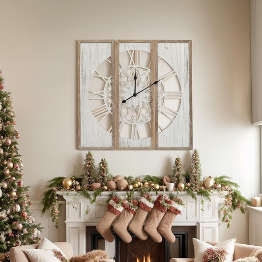 RiteSune Unique 30" Wall Clock for Living Room Decor, Oversized Farmhouse Wall Clock Battery Operated, Triptych Panel Wooden Large Clock Wall Art for Bedroom Entryway