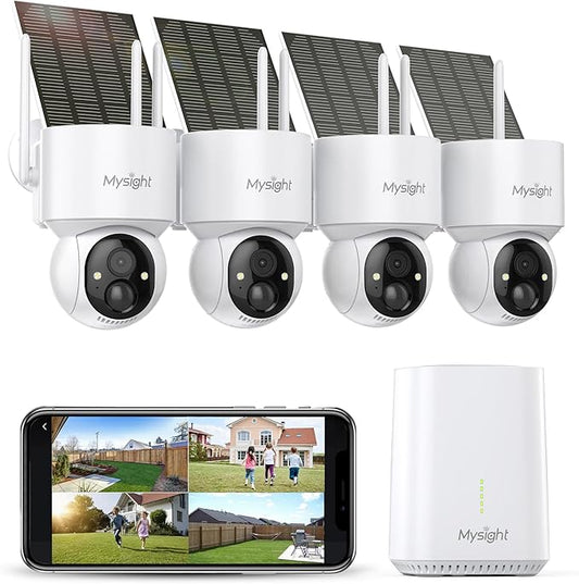 Security Cameras Outdoor Wireless, No Subscription, 4 Cam-Kit, 128G Local Storage HomeBase, 2K Solar Security Camera Wireless System with 360° Pan & Tilt, Color Night Vision, Motion Detection