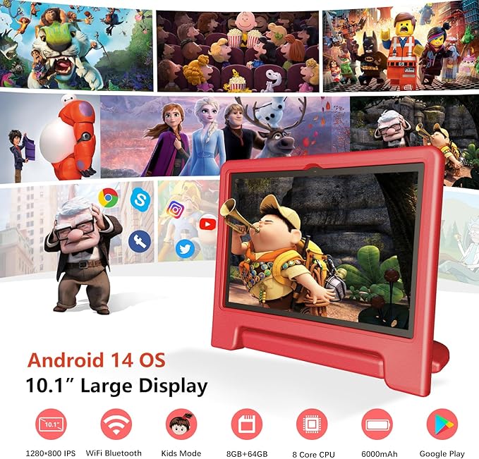 Kids Tablet, 10 inch Android 14 Tablet for Kids, 8GB RAM 64GB ROM Octa-Core Fast-Charging Battery Toddler Tablets with Shockproof Case, Bluetooth, WiFi, Parental Control, Dual Camera, GPS