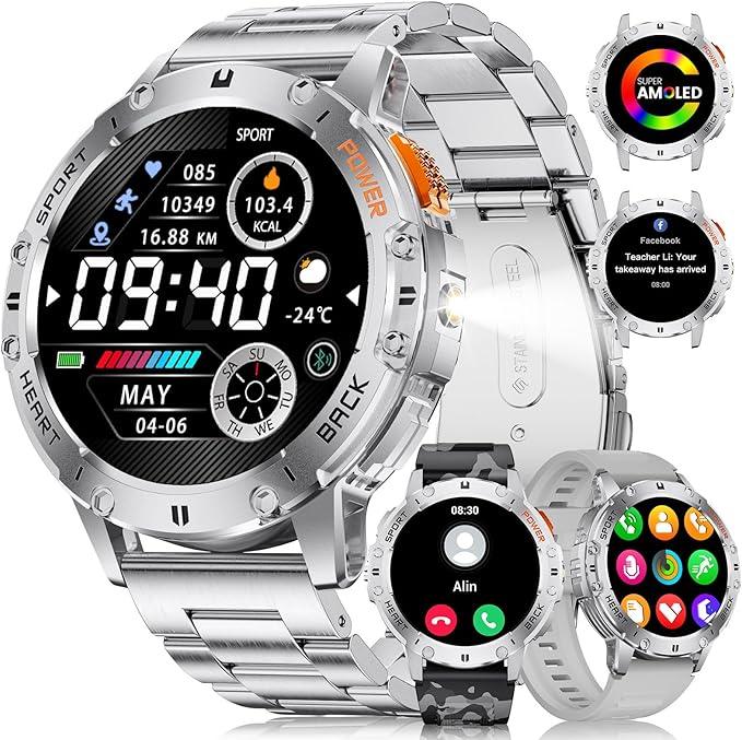 LIGE Military Smart Watches for Men(Answer/Make Calls) with LED Flashlight,530mAh Large Battery,1.43" AMOLED Outdoor Sports Smartwatch with 170+ Sport Modes,Fitness Tracker for iOS Android,Sliver
