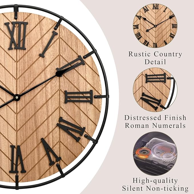 24 Inch Large Wooden Wall Clock – Extra Large FarmhouseWall Clock with 3D Roman Numerals & Herringbone Splicing, Brown Modern Wood Wall Clock for Living Room