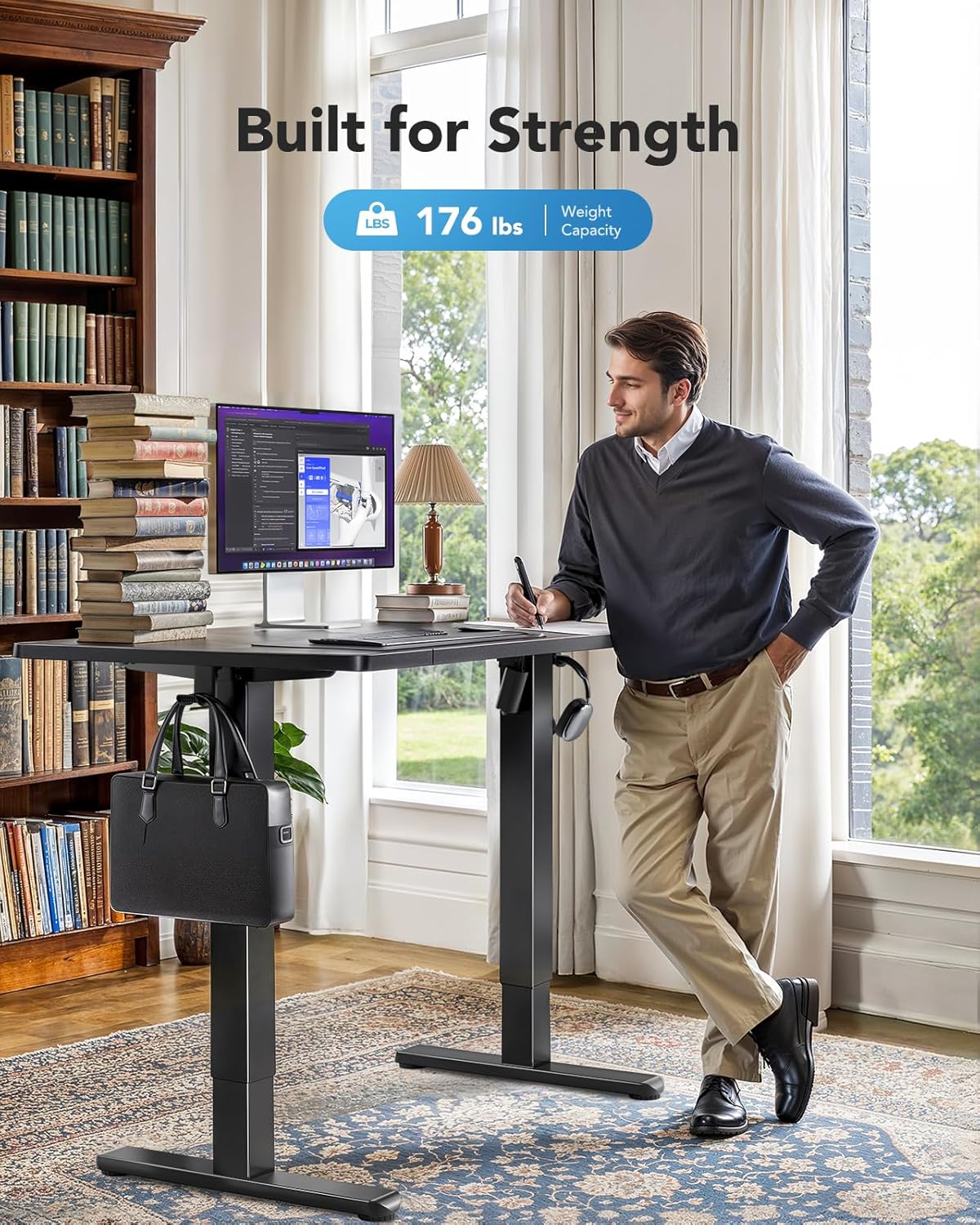 HUANUO 55 x 24 inch Electric Standing Desk, Height Adjustable Table with Headphone Hooks & Cable Manager, Sit to Stand up Desk for Home Office, Black