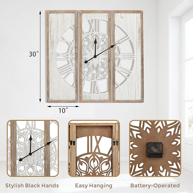 RiteSune Unique 30" Wall Clock for Living Room Decor, Oversized Farmhouse Wall Clock Battery Operated, Triptych Panel Wooden Large Clock Wall Art for Bedroom Entryway