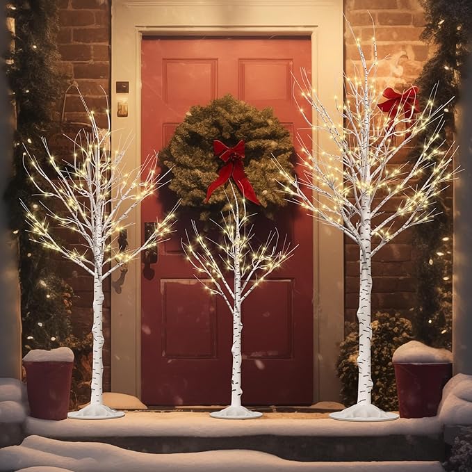 Outdoor Christmas Decorations Lighted Birch Tree Set of 3, LED Warm White 4, 6 and 8 Feet, for Indoor Christmas Decor, Party, Garden, Yard, Wedding, Holiday