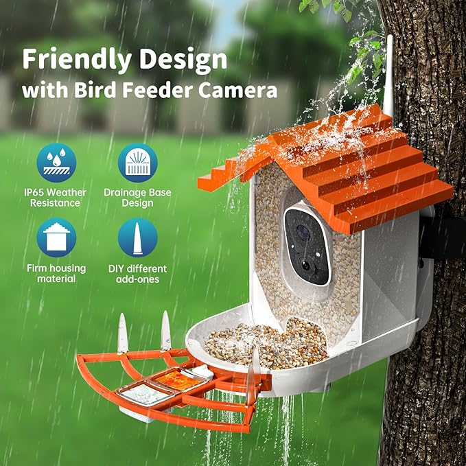 Smart Bird Feeder with Camera Solar Powered & AI Bi rd Identification, 2.4Ghz WiFi Bird feeders for Outdoors, 2K Live Video, Nstant Arrival Alerts - Orange