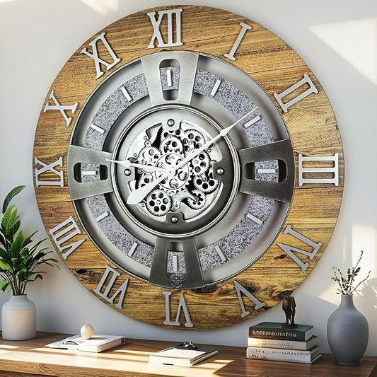 The Gears Clock Real Moving Gear Wall Clock England Line (Wood & Stone, 24 inches (60 cm))