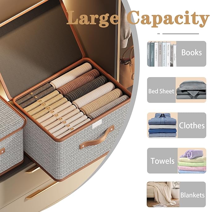 Tuza 2 Pack Storage Bins with Lids, Collapsible Closet Organizer Container, Fabric Organizer Box with Handles, Decorative Storage Boxes with Lids for Organizing Clothes, Sheet, Light Grey, Extra Large