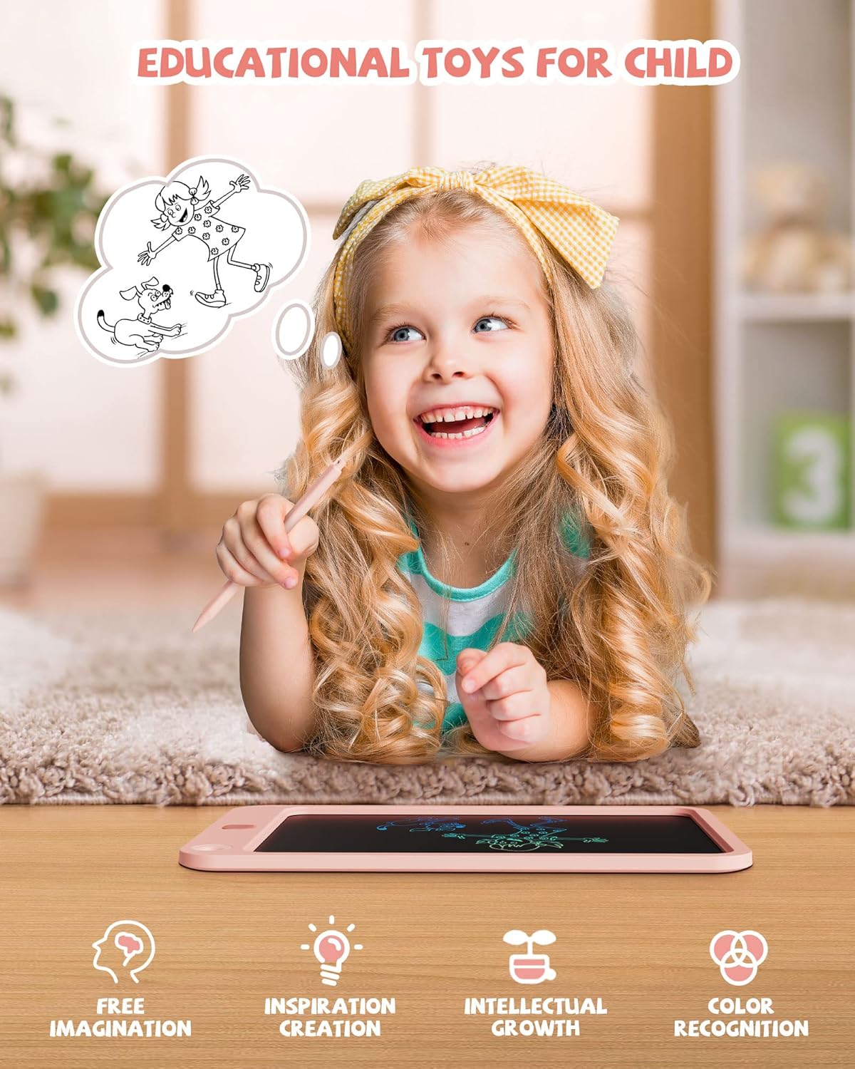 LCD Writing Tablet 10 Inch, Toys for 3 4 5 6 7 8 9 10 Year Old Boys Girls, Colorful Doodle Board Drawing Tablet, Gift for Boys Toddlers Age 3-12 Years, Memo Board, Drawing Pads with Lanyard (Pink)