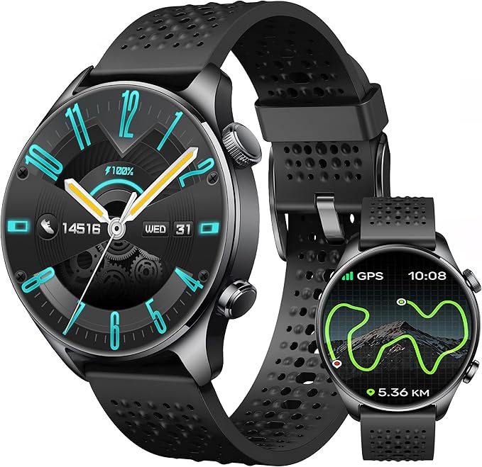 Smartwatch for Men & Women, 1.43" AMOLED Fitness Tracker GPS, Bluetooth Call, Heart Rate, Blood Oxygen (SpO2), Sleep Monitor, 100+ Sports Modes, iPhone & Android - Black