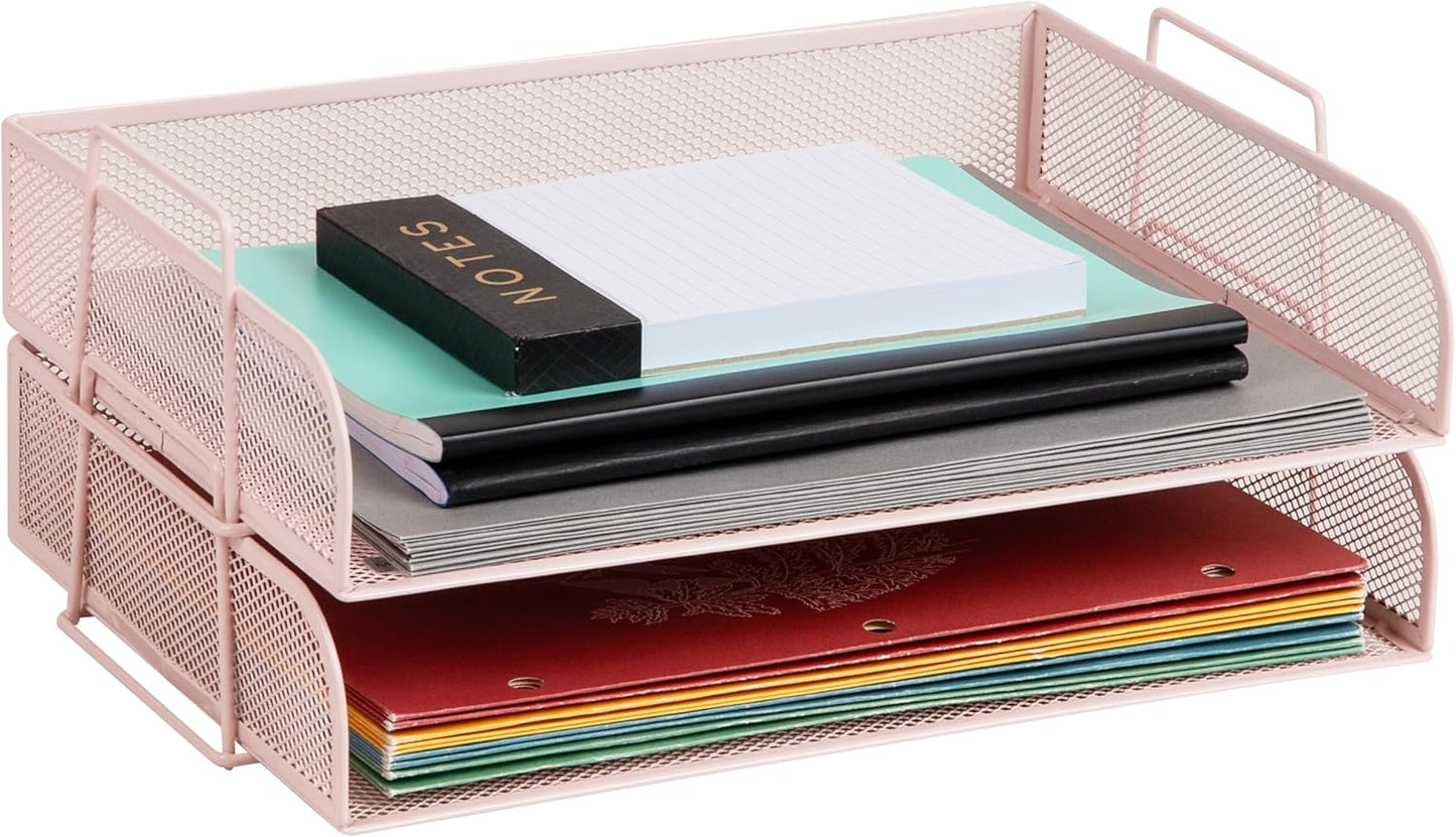 Mind Reader Stackable Paper Tray, Desktop Organizer, File Storage, Office, Metal Mesh, 13.25" L x 9.75" W x 6.25" H, 2 Pcs., Pink