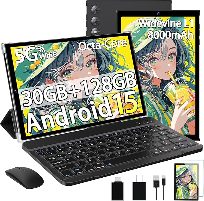 2025 Android 15 Tablet 10.1 Inch Tablets, 30GB RAM 128GB ROM 1TB Expand, 8000mAh Battery, BT5.0, 2.4/5G Wi-Fi 6, Metal Body with Keyboard & Mouse, Gemini AI, Widevine L1 HD IPS Display - Black