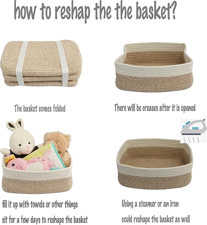 Small Woven Storage Baskets 13“X9”X5“ Decorative Rope Bins for Organizing Shelves, Closets, and Toys, Empty Gift Baskets, Cute Organizer Basket for Home and Office (white and brown, Large)