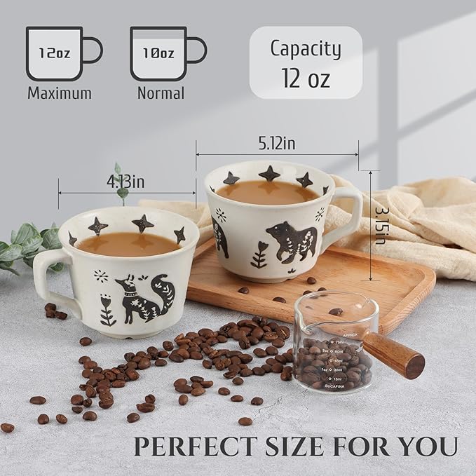Ceramic Coffee Mug, 12 oz Novelty Unique Teacup with Large Handle, Stoneware Cup for Tea Mocha Latte Cappuccino Espresso (Set of 2, Fox and Bear)