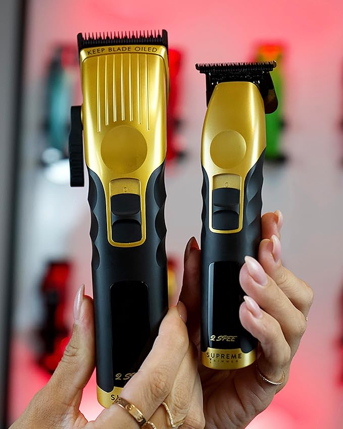 Supreme Trimmer 3-in-1 Barber Bundle | 2Spee Clipper, 2Spee Trimmer & Crunch Foil Shaver | Professional Beard Trimmer Men’s Hair Clipper Kit | (Gold)