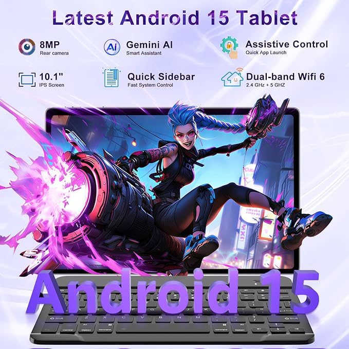10 Inch Tablet Android 15 Tablets with Keyboard, 30GB 64GB 1TB Expand Tab PC with 2.0GHz Octa-Core, 8MP Camera, 6000mAh, GMS, WiFi 6, BT 5.0, FHD Display, Widevine L1, Gemini AI (Gray)