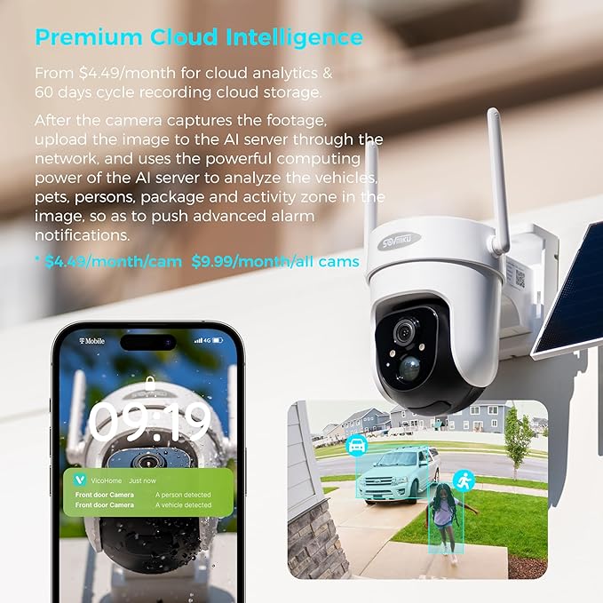 Vicohome 2CQ4G 2K AI Solar Security Camera Wireless Outdoor, Battery Powered Cam, Color Night Vision, Two Way Audio, Motion Detection, Easy to Setup, Audible Flashlight Siren, 180 Days Exchange Policy