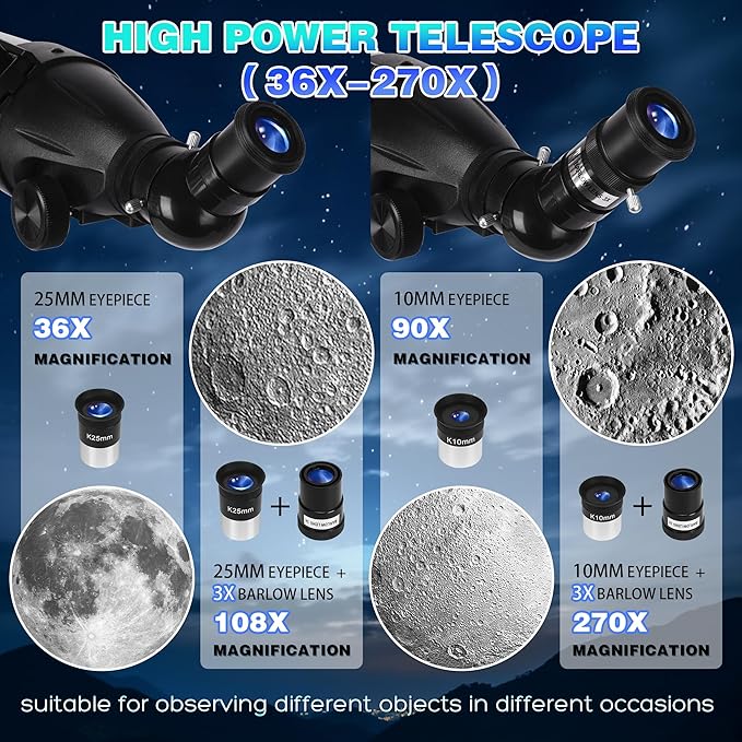 Telescope for Adults High Powered, 90mm Aperture 900mm Professional Astronomical Refractor Telescope for Beginners, Fully Multi-Coated High Light Transmittance for Ground&Moon Observation（Silver Gray）