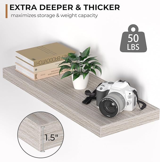 Floating Shelves - 24 Inch Rustic Wooden Wall Shelves - Extra Deeper & Thicker Wall Mounted Storage Shelf for Living Room, Kitchen, Farmhouse - 24" W x 9" D x 1.6"H - Rustic Grey, 2 Pack