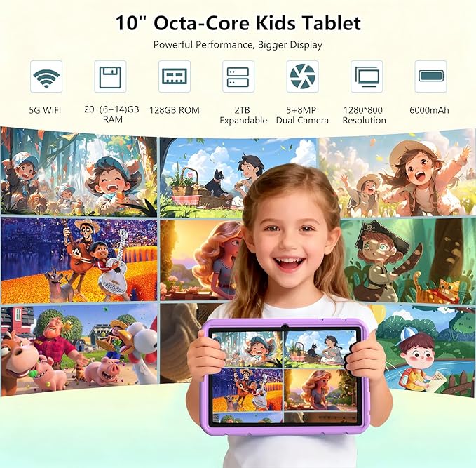 Kids Tablet, 10 inch Android 15 Tablet for Kids, 20GB RAM 128GB ROM Octa-Core 6000mAh Battery Childs Tablets with Shockproof Case, Bluetooth, WiFi, Parental Control, Dual Camera, GPS