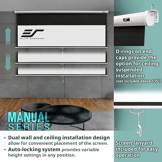 Elite Screens Manual Series, 100-INCH 16:9, Pull Down Manual Projector Screen with AUTO Lock, Movie Home Theater 8K / 4K Ultra HD 3D Ready, 2-Year Warranty (170" / 1:1)