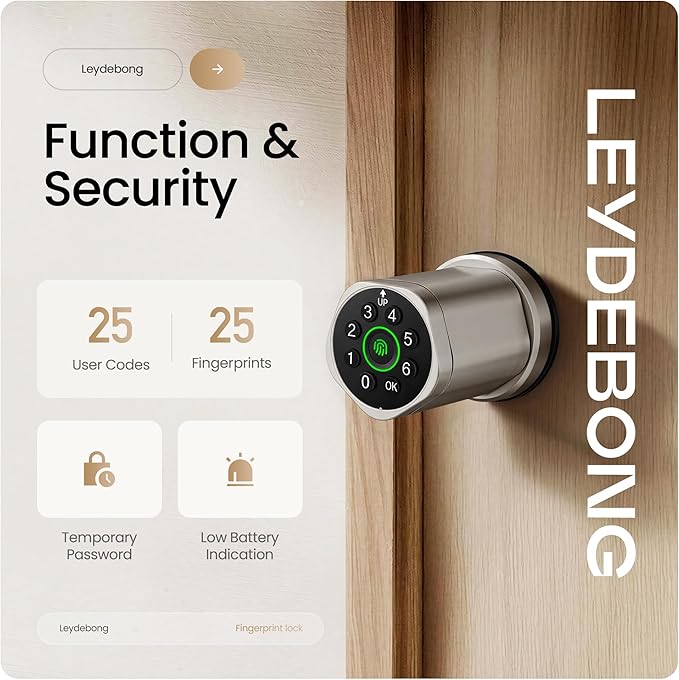 Leydebong 4-in-1 Smart Door Lock with Fingerprint and Keypad - Keyless Entry Electronic Lock with App and Mechanical Key - Easy Installation Smart Door Knob in Satin Nickel