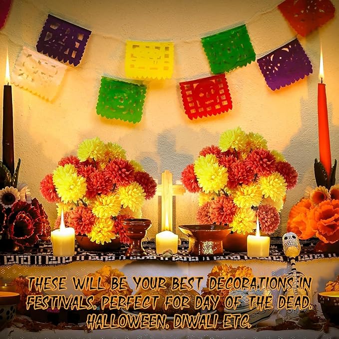 Kimura's Cabin 20Pcs Fake Silk Ball Flowers Artificial Chrysanthemum Faux Mums Bouquets Wedding Arrangements Halloween Home Table DIY Center Decoration (Orange Yellow)