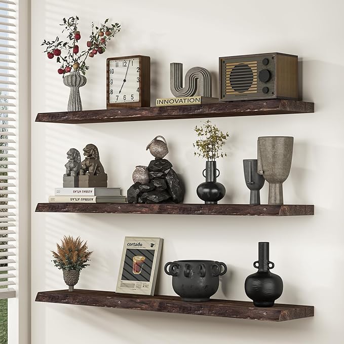 Wood Floating Shelves for Wall, 48 Inch Floating Shelves Wall Mounted, Rustic Live Edge Elm Wood Shelf for Home Decor, Heavy-Duty Storage Shelves for Books, Bathroom, Kitchen, Walnut Finish