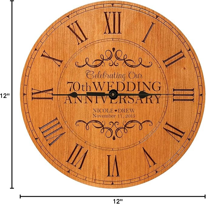 LifeSong Milestones Personalized 70th Anniversary Engraved Cherry Wall or Desktop Clock for Living Room Bedroom, Kitchen, Office, New Home, Couples Gift 12 Inch Diameter (Celebrating Our)