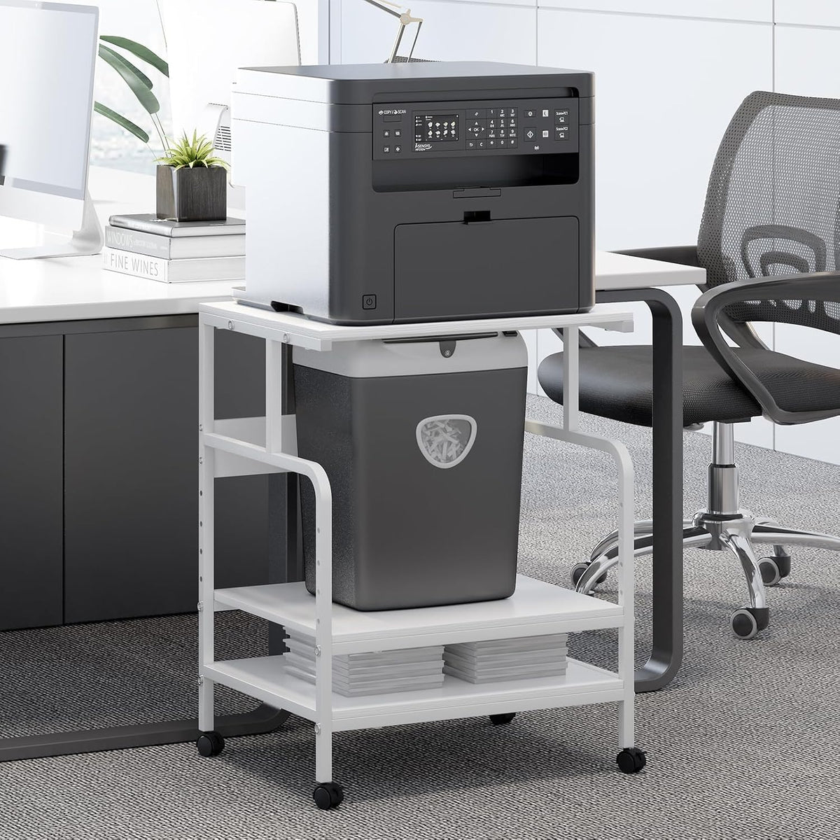 Large Printer Stand with Storage Shelf, 23.6" W x 18.9" D Printer Cart with Wheels, 3 Tier Mobile Printer Table for Home Office,Stands for Heat Press Scanner Fax (White)
