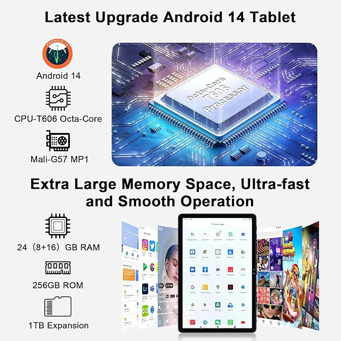 Tablet 11 inch Android 14 Tablets, 24GB+256GB+1TB Expand, Android Tablet with 8000mAh, Octa-Core, 13MP+5MP Camera, IPS Touchscreen, 5G WiFi, BT5.0, Widevine L1, GPS - Metal Black