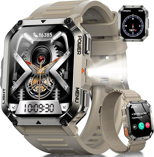 Military Smart Watch for Men (Answer/Make Calls), 2.01" Fitness Watch Tracker with 100-Day Battery/Flashlight/Compass/Heart Rate/120+ Sports Modes/IP68 Waterproof Smartwatch for iOS Android(2 Straps)