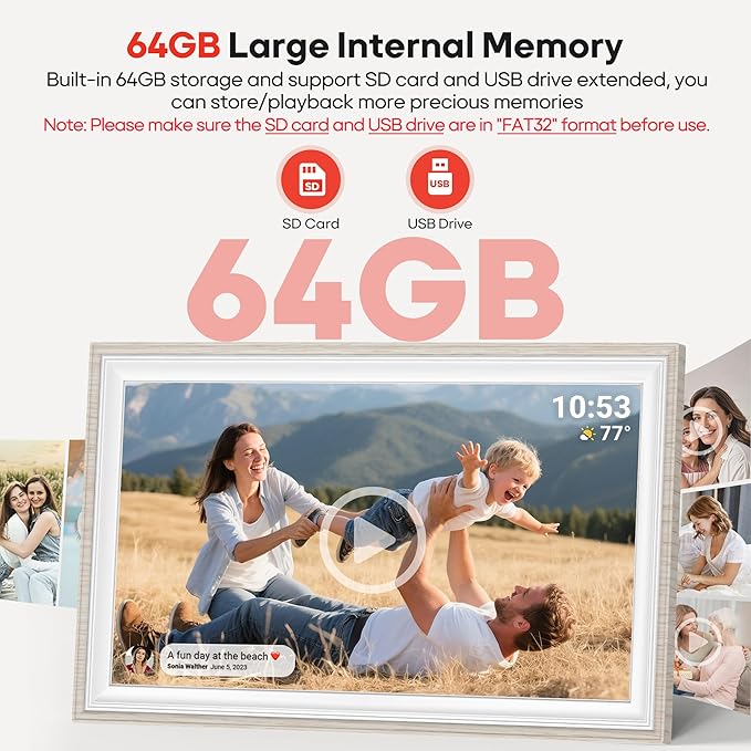 64GB Frameo 15.6" Digital Picture Frame Large 1920 x 1080 IPS FHD Touch Screen WiFi Electronic Photo Frames Share Moments Instantly Anywhere Best Gifts for Parents and Grandparents White Wood
