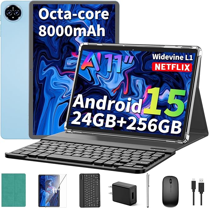 2025 11 inch Tablet, Android 15 Tablets with Keyboard, 24GB+256GB+2TB Expand, Octa-Core, 8000mAh, Tablet PC with 5G/2.4G WiFi, BT5.0, GMS, GPS, 2 in 1 Tablets with Case, Mouse, Stylus(Green Case)