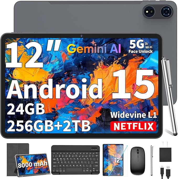 2026 12 Inch Tablet, Android 15 Tablets with Keyboard, 24GB+256GB+2TB Expand, 2K Display, Tablet PC with 5G WiFi, Octa-Core, 8000mAh, BT5.0, GMS, GPS, 2 in 1 Tablets with Case, Mouse, Stylus(Silver)