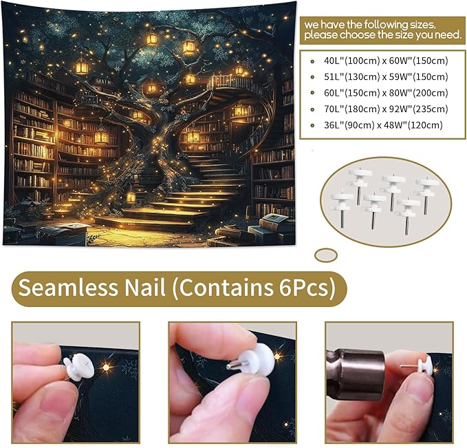 HVEST Fantasy Library Bookshelf Tapestry for Classroom Fairytale Tree Magic Bookshelf Wall Decor Retro Vintage Tapestry for Bedroom Living Room Study Room Dorm, 60L x 80W Inches