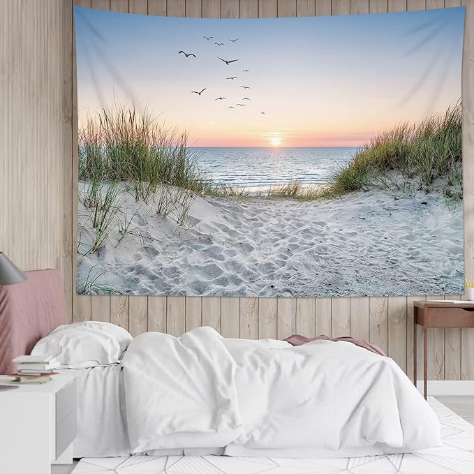 HVEST Ocean Beach Tapestry Wall Hanging, Sunset Seabird and Beach with Grass Wall Hanging Tapestry Natural Landscape Tapestry for Bedroom Living Room Dorm Decoration Wall Decor, 59x51 Inches